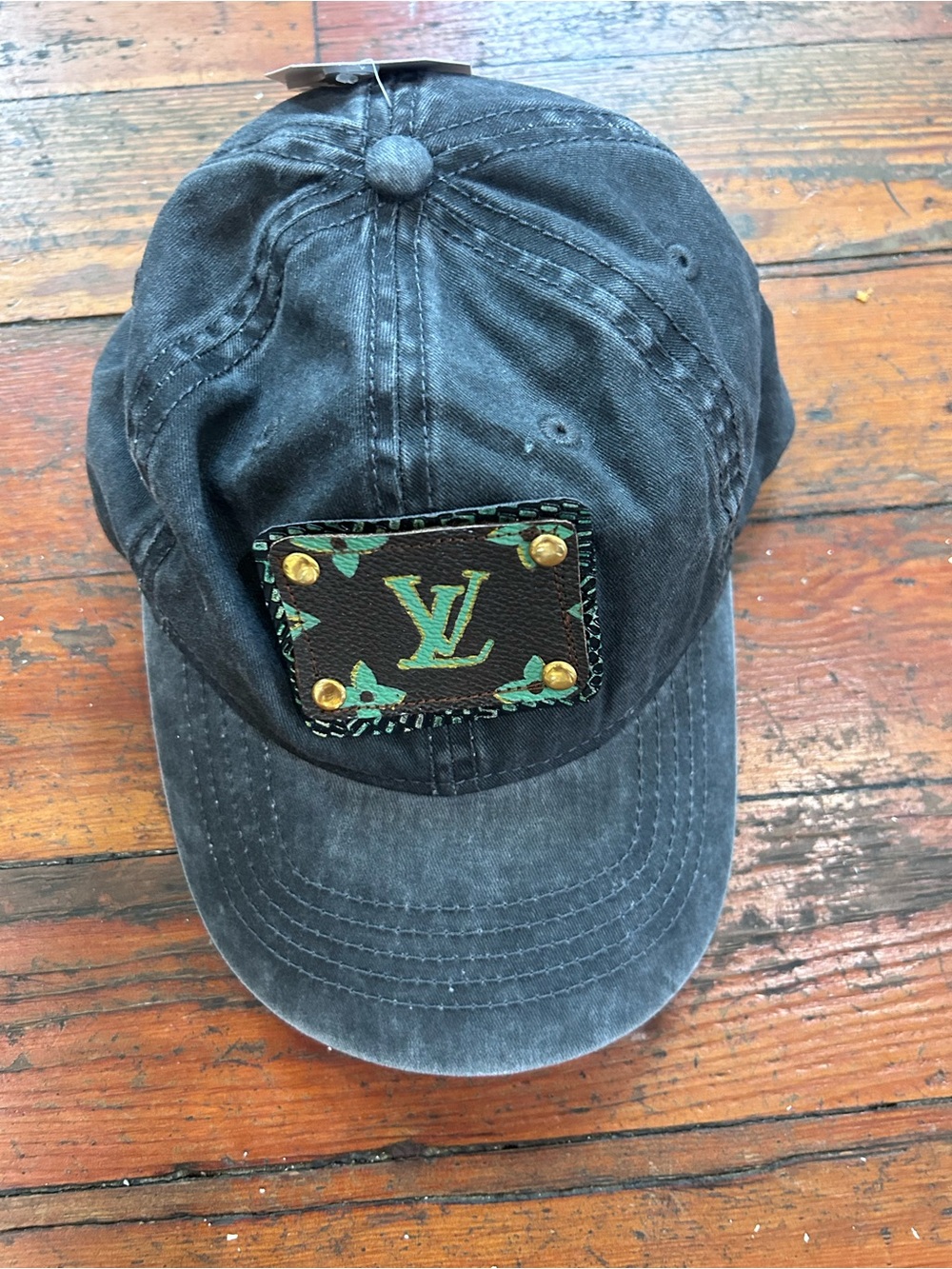 Upcycled distressed Louis Vuitton Black Baseball Cap with Green Monogram Patch